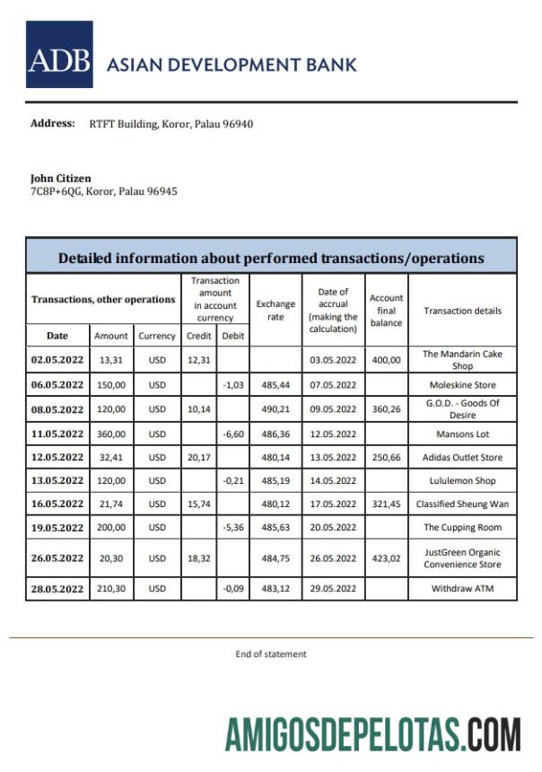 Exemplo de extrato bancário Palau ADB Xls